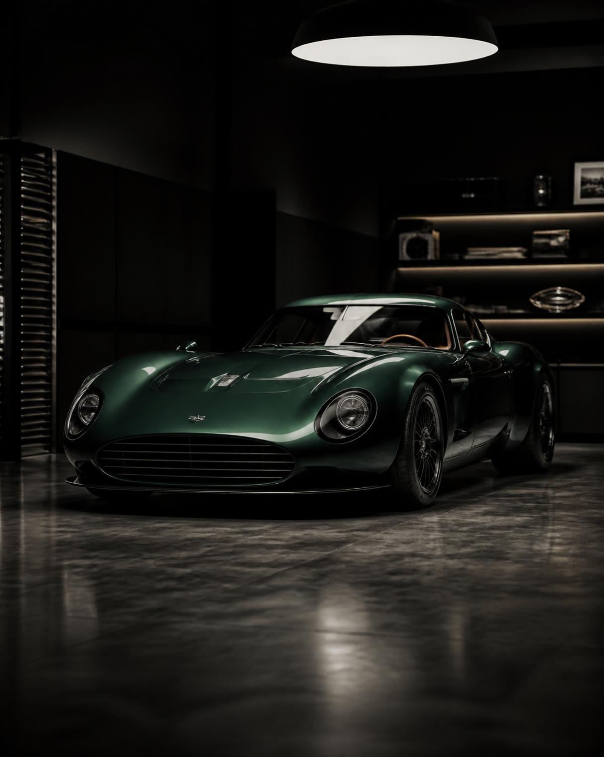 Rare bespoke sports car in a dark private collector garage