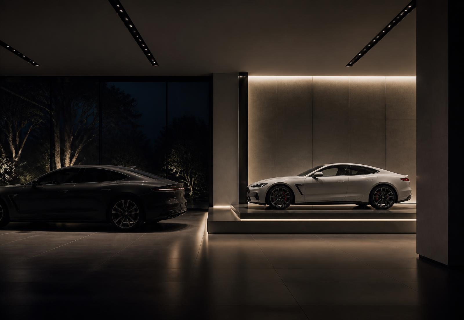 Refined specialist car showroom interior at night