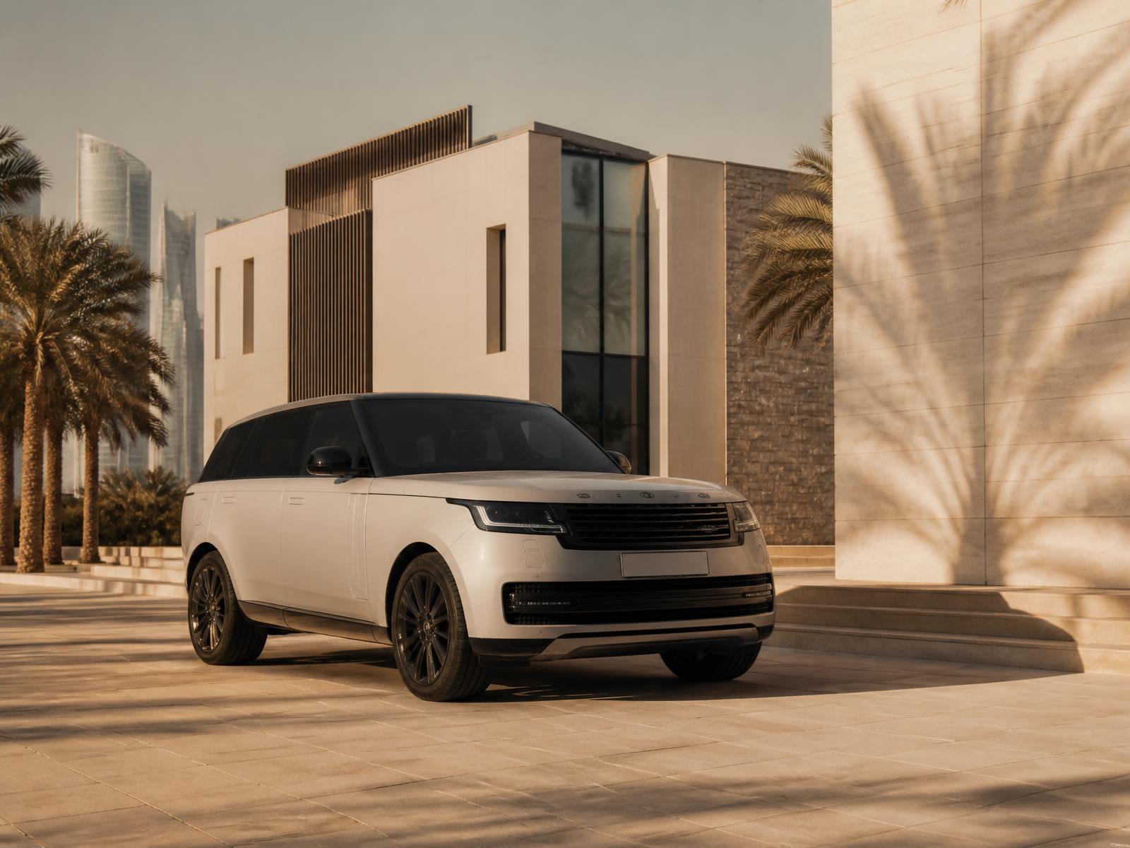 Luxury SUV outside contemporary Gulf architecture in late afternoon light